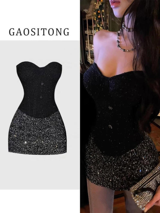 GAOSITONG French Chic Mermaid Style Fishbone Strapless Skirt Set for Autumn/Winter 2024 - Sexy Girl with Sequined Bodycon Skirt