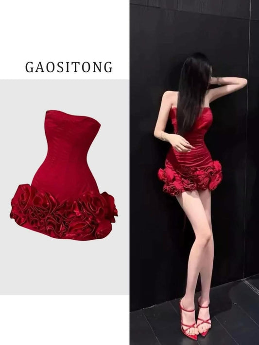 GAOSITONG Elegant Resort Style Strapless Waist-cinching Dress for Women, Spring/Summer 2025, Spicy Rose Tutu Skirt