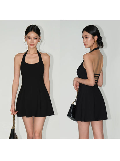 NEVA HU Retro Square Neck Halter Dress Female Temperament Waist Sleeveless Skirt Sexy Hollow Backless Short Skirt