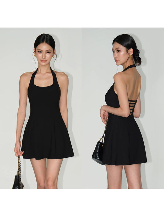 NEVA HU Retro Square Neck Halter Dress Female Temperament Waist Sleeveless Skirt Sexy Hollow Backless Short Skirt