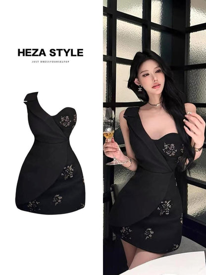 HEZA Plus Size French Chic Floral Print One-Shoulder Dress for Summer, Stylish Design, Fitted Waist, Bodycon Skirt