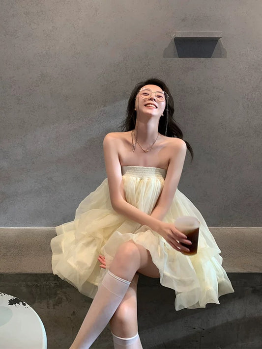 Tongse | Cheese Tube Top Super Fairy Gentle Tube Top Dress for Women 2024 Summer A-Line Puffy Cake Dress