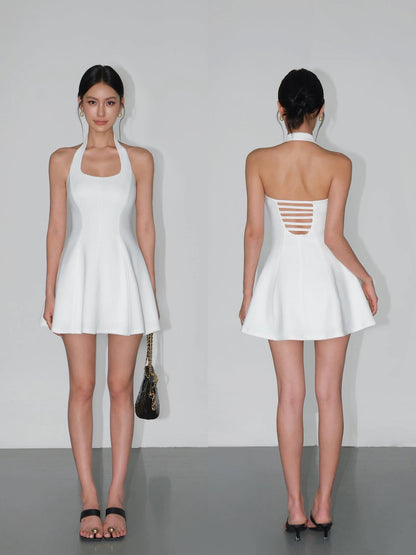 NEVA HU Retro Square Neck Halter Dress Female Temperament Waist Sleeveless Skirt Sexy Hollow Backless Short Skirt