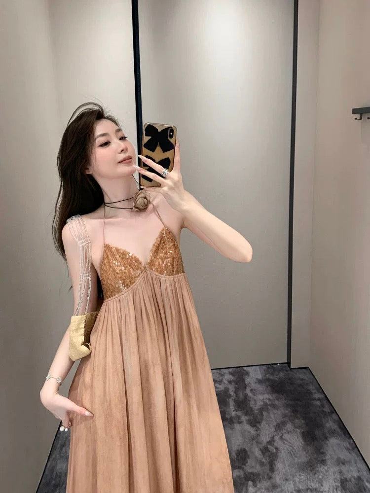 Tongse | Honey Skirt Chiffon Printed Tie-Dye Spliced Sequin Dress Halt   Lee Nhi Boutique