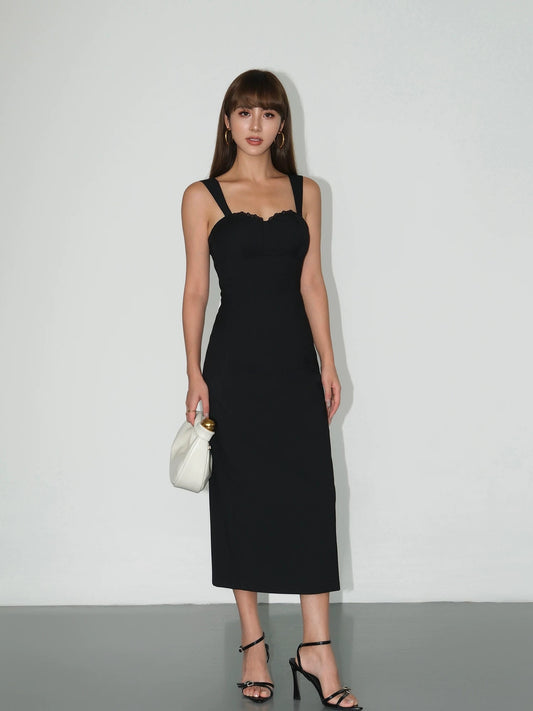 NEVA HU high-sense outfit spliced lace striped suspender dress female with chest pad sleeveless waist long skirt