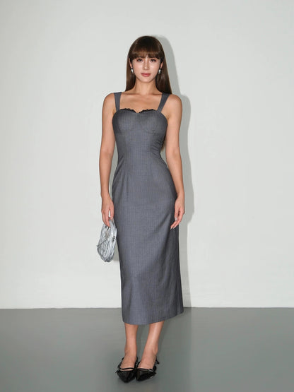 NEVA HU high-sense outfit spliced lace striped suspender dress female with chest pad sleeveless waist long skirt