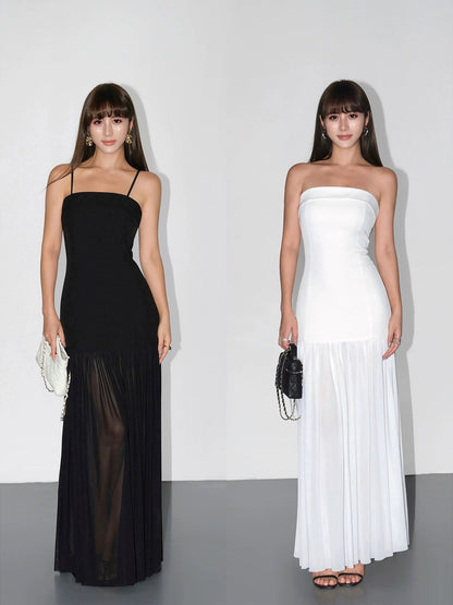 NEVA HU black suspender dress feminine tube top hip skirt spliced mesh slim flowing long skirt