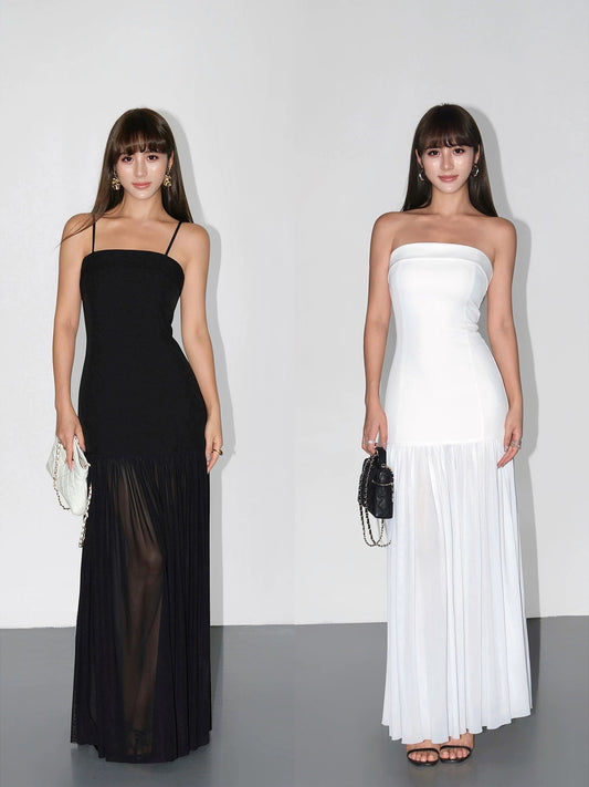 NEVA HU black suspender dress feminine tube top hip skirt spliced mesh slim flowing long skirt