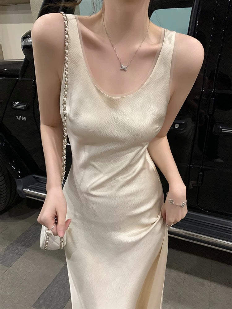 Tongse | Graceful skirt 45 degree bias cut textured satin dress women's summer French dress long skirt
