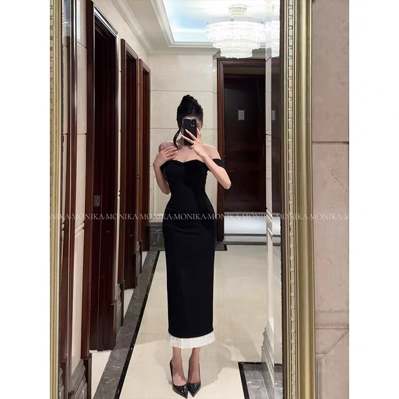 [Black Dress for a Date] French-style black halter dress, exuding sophistication and allure, off-the-shoulder, fitted waist, long dress 26023