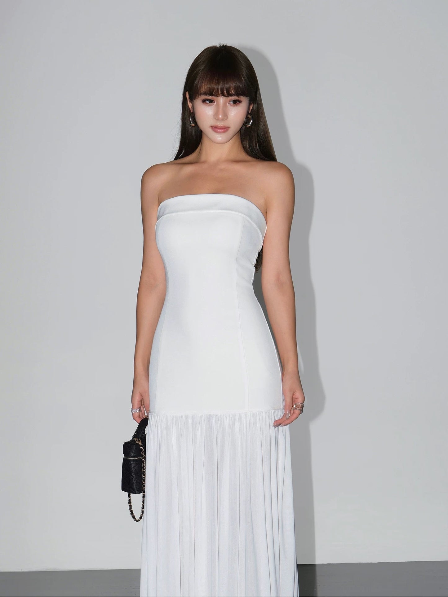 NEVA HU black suspender dress feminine tube top hip skirt spliced mesh slim flowing long skirt