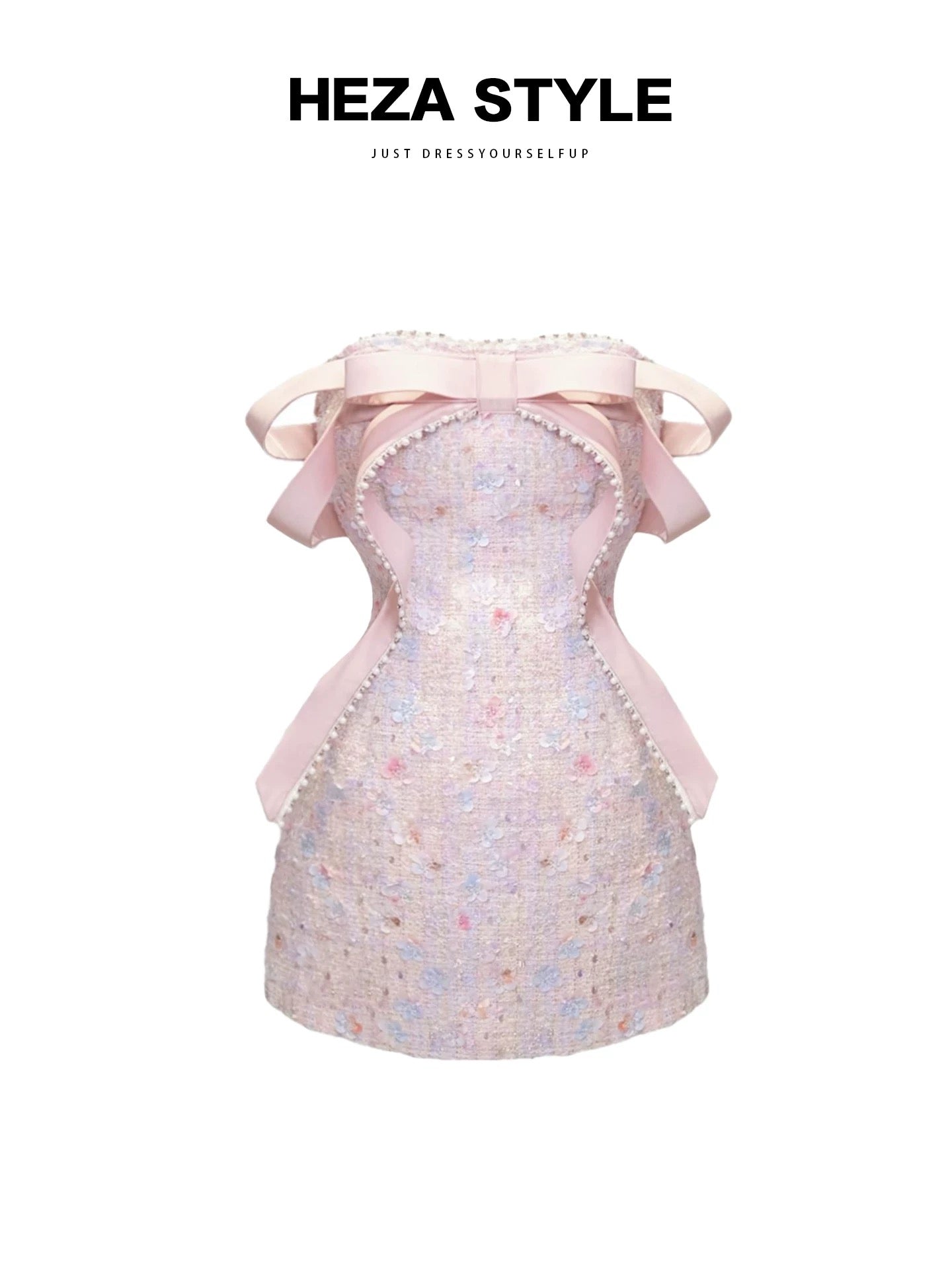 HEZA plus-size sweet bow sequined dress, elegant and sophisticated pink birthday gown.