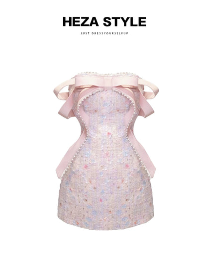 HEZA plus-size sweet bow sequined dress, elegant and sophisticated pink birthday gown.