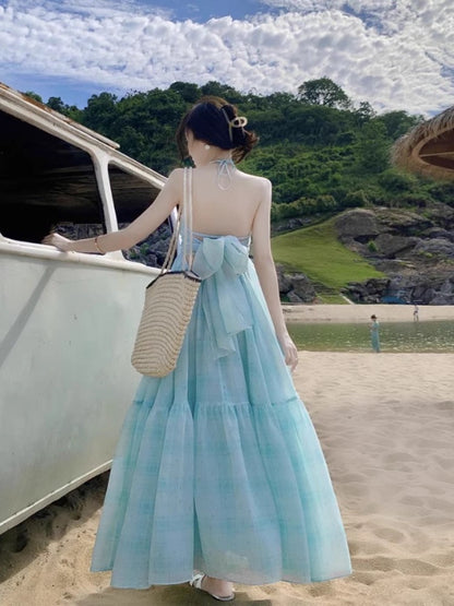 French super hot halter neck suspender dress fairy summer super fairy seaside resort style Sanya beach long skirt