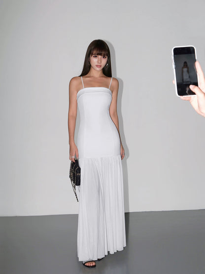 NEVA HU black suspender dress feminine tube top hip skirt spliced mesh slim flowing long skirt