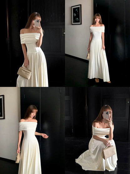 NEVA HU French one-shoulder knitted dress for women, high-end temperament, waist-length pleated skirt, off-shoulder long skirt