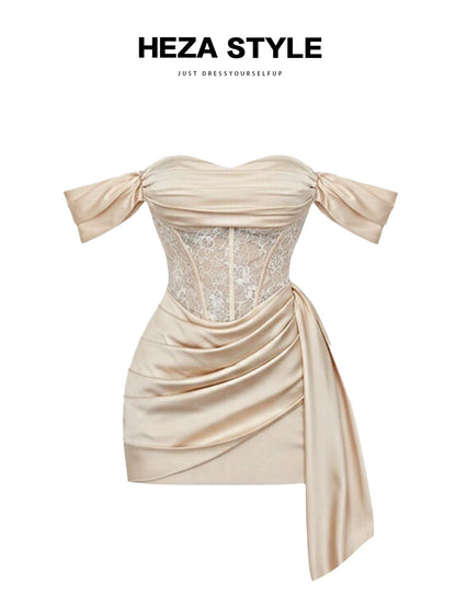 HEZA Plus Size Lace-Trimmed Off-Shoulder Strapless Dress - High-End Elegant Dress for Women, Fitted Waist