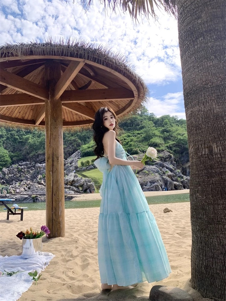French super hot halter neck suspender dress fairy summer super fairy seaside resort style Sanya beach long skirt