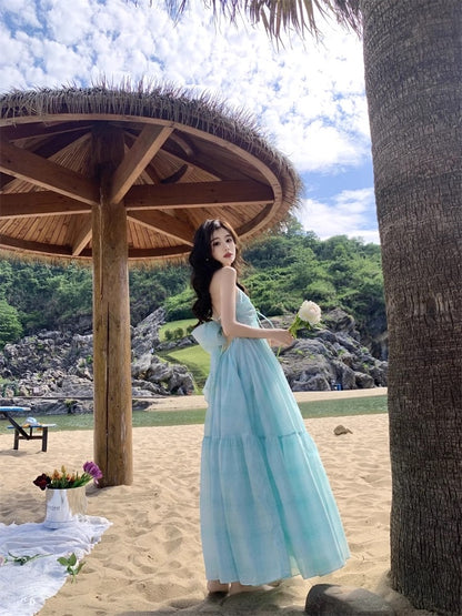 French super hot halter neck suspender dress fairy summer super fairy seaside resort style Sanya beach long skirt