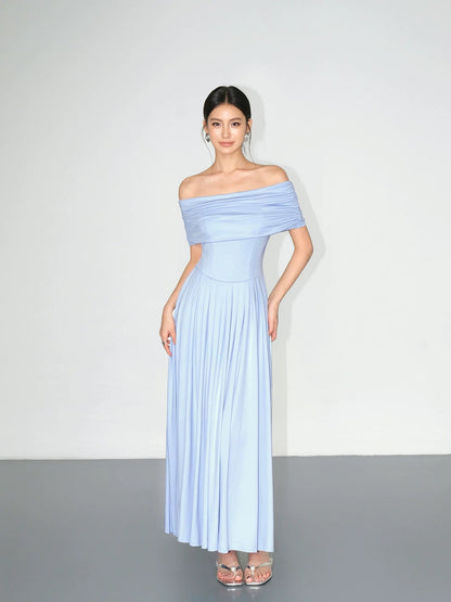 NEVA HU French one-shoulder knitted dress for women, high-end temperament, waist-length pleated skirt, off-shoulder long skirt