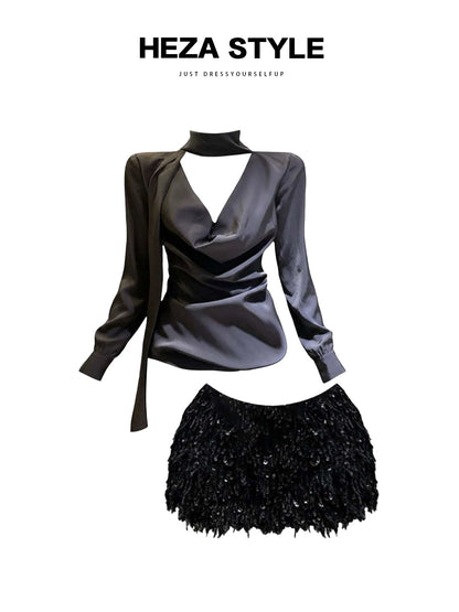 HEZA Plus-Size French-Style Sexy Satin Ruffled Collar Shirt and Sequined Skirt Set for Autumn