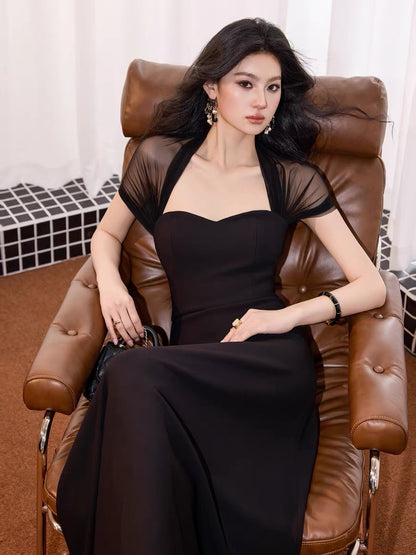 Deeply customized, pure and alluring, waist-cinching, slimming mesh patchwork dress for women, stylish and chic long dress.