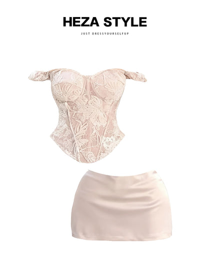 HEZA Plus Size French Heavy Lace Fishbone Bandeau Top Women's Autumn/Winter Slim Fit Elegant Bodycon Skirt Set
