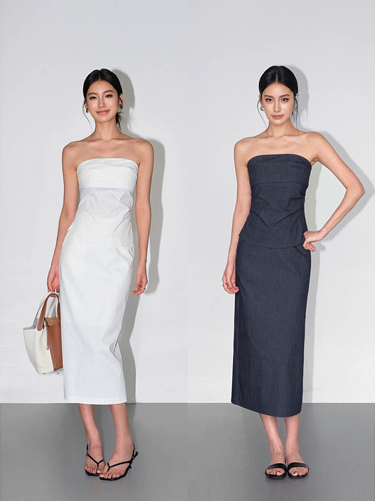 NEVA HU old money style tube top women's sleeveless camisole high waist straight skirt two-piece suit