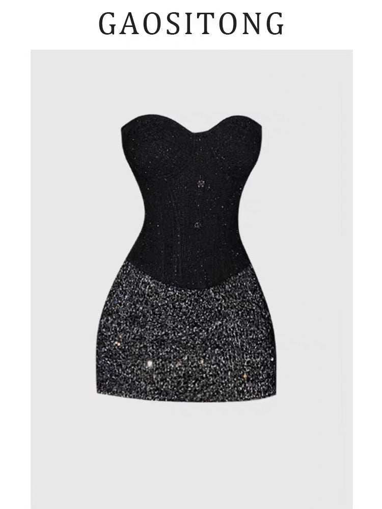 GAOSITONG French Chic Mermaid Style Fishbone Strapless Skirt Set for Autumn/Winter 2024 - Sexy Girl with Sequined Bodycon Skirt