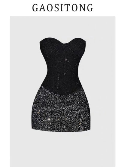GAOSITONG French Chic Mermaid Style Fishbone Strapless Skirt Set for Autumn/Winter 2024 - Sexy Girl with Sequined Bodycon Skirt