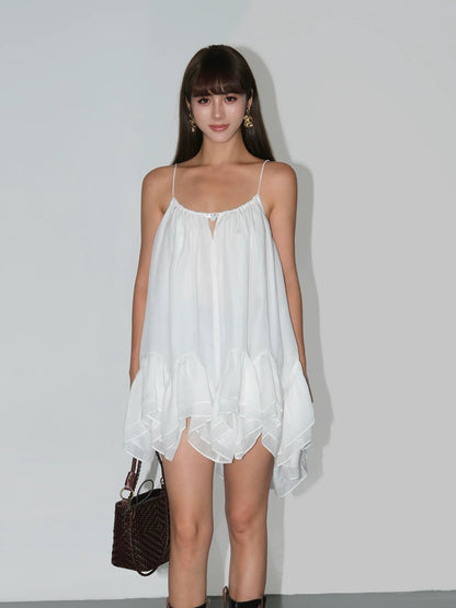 NEVA HU irregular ruffled suspender dress women's loose tutu skirt ramie sleeveless holiday style short skirt