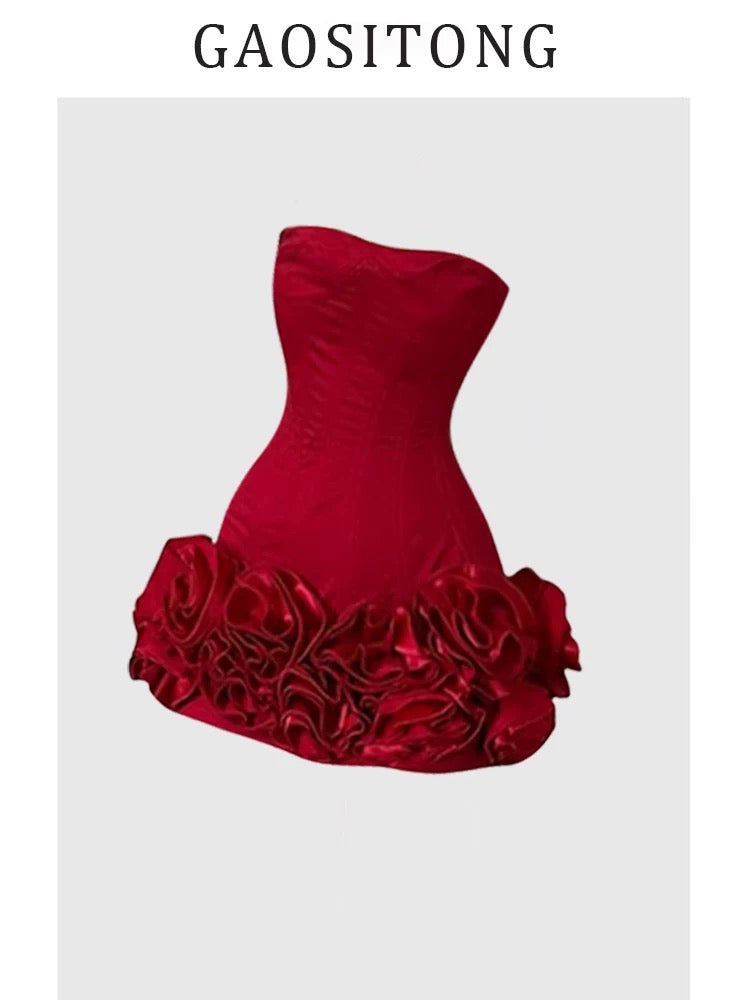 GAOSITONG Elegant Resort Style Strapless Waist-cinching Dress for Women, Spring/Summer 2025, Spicy Rose Tutu Skirt