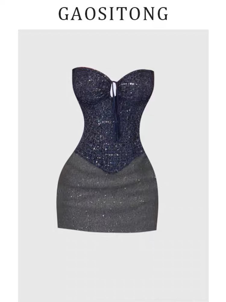 GAOSITONG Elegant Chanel-inspired sequined fishtail strapless top for women, autumn/winter 2024 sexy bodycon skirt set