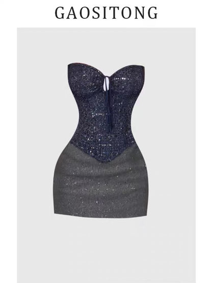 GAOSITONG Elegant Chanel-inspired sequined fishtail strapless top for women, autumn/winter 2024 sexy bodycon skirt set