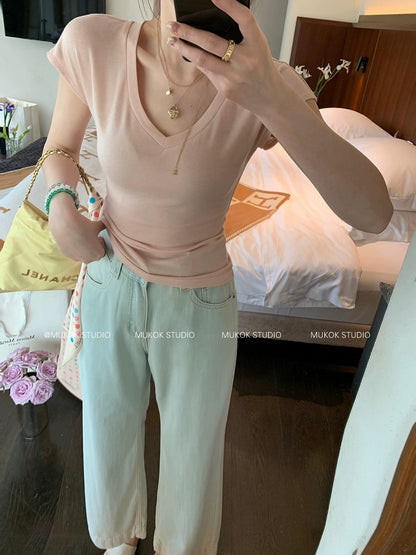 MUKOK comes with coolness 2.0~Light blue jeans for women, thin, slim, straight-leg casual nine-point pants