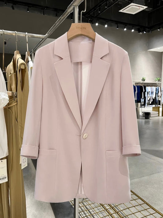 2025 new summer thin nude pink lady temperament suit jacket female three-quarter sleeve small suit top trend