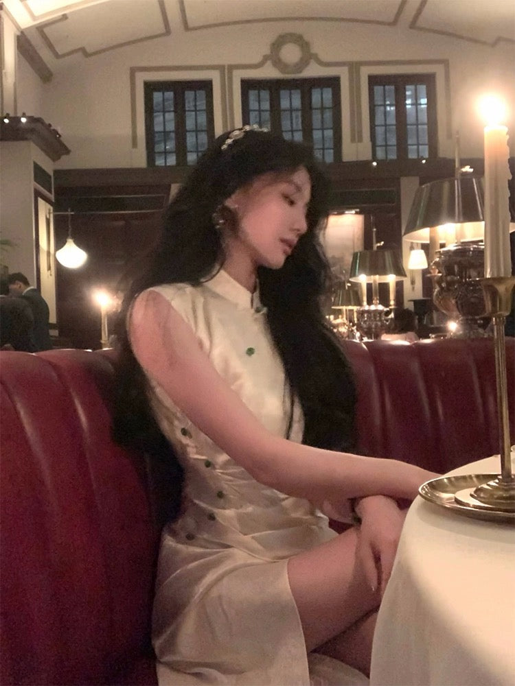 From a Moment [Prosperity Dream] New Chinese Satin Dress High-end Jacquard Sleeveless Slit Cheongsam Long Dress