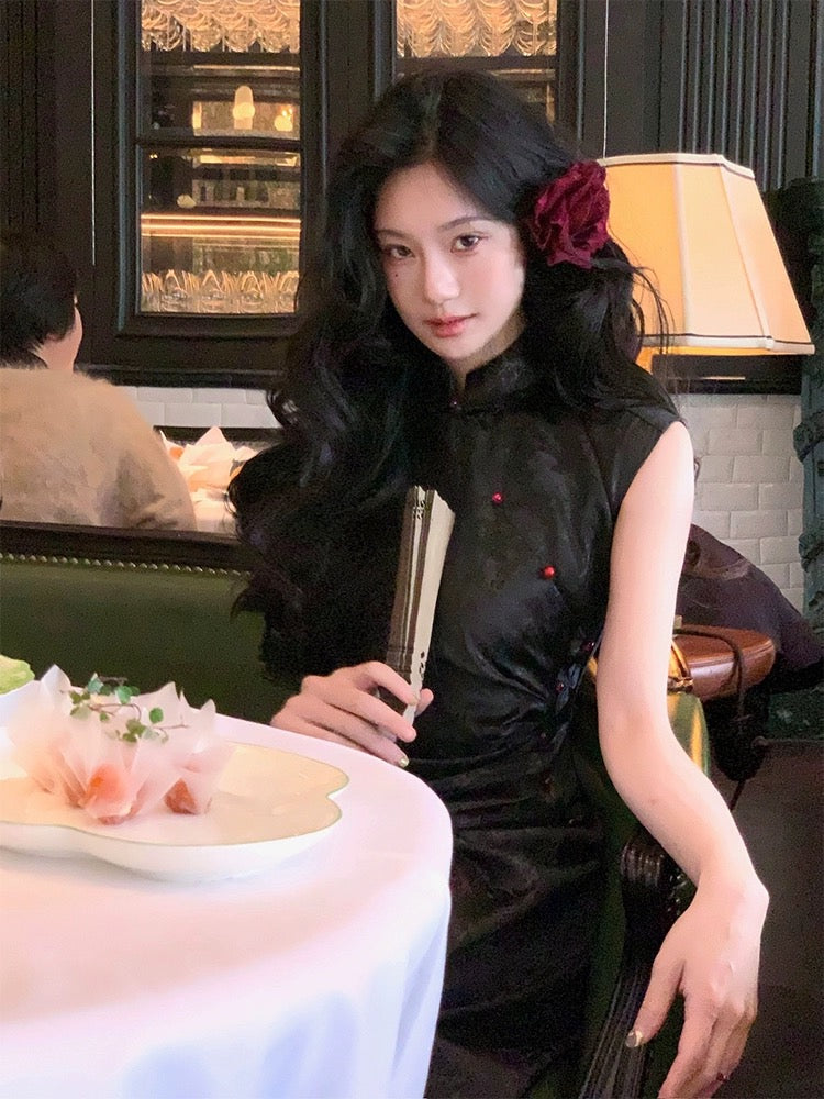 From a Moment [Prosperity Dream] New Chinese Satin Dress High-end Jacquard Sleeveless Slit Cheongsam Long Dress