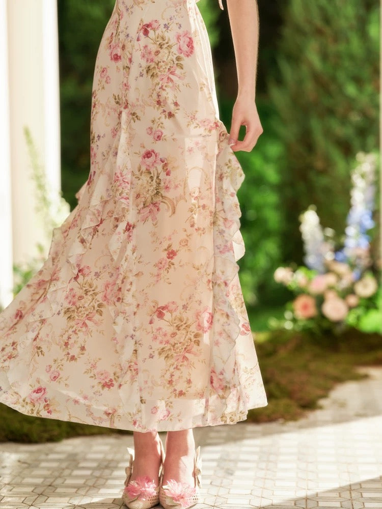 LaceMade Flowers and Sunshine French Romantic Vacation Long Dress Floral Seaside Halter Neck Dress Summer Women