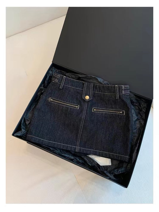 Shimmer Denim Skirt" – A playful, casual Korean-style mini skirt with a zipper.