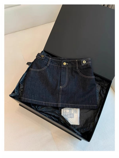 Shimmer Denim Skirt" – A playful, casual Korean-style mini skirt with a zipper.