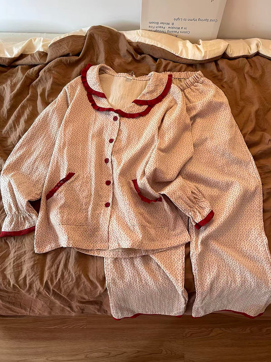 Japanese-style girls' color-block floral long-sleeve pajama set with a collar—new for Autumn 2026; suitable for lounging or casual wear.