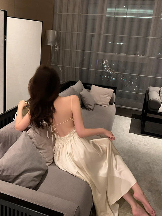 Tongse | Floating Dream Quicksand Acetate Satin Suspender Skirt Sexy Backless Dress Vacation Dress