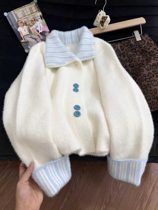 Korean style high-end mink fleece sweater cardigan for women, 2025 autumn and winter new style, patchwork design, petite size.