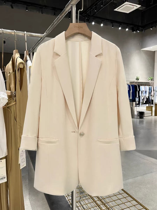 Spring and summer thin beige three-quarter sleeve Korean style suit jacket women 2025 new style one button suit top trend