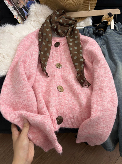 Korean style polka dot scarf pink sweater cardigan for women, 2025 autumn and winter new loose knitted cardigan top