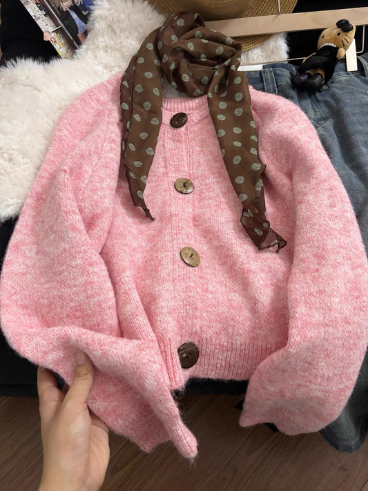 Korean style polka dot scarf pink sweater cardigan for women, 2025 autumn and winter new loose knitted cardigan top