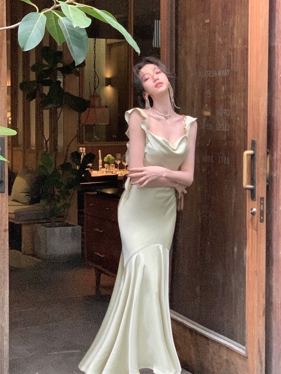From a moment suspender satin dress women's summer new temperament fairy fishtail pure desire banquet long skirt
