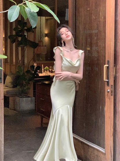 From a moment suspender satin dress women's summer new temperament fairy fishtail pure desire banquet long skirt