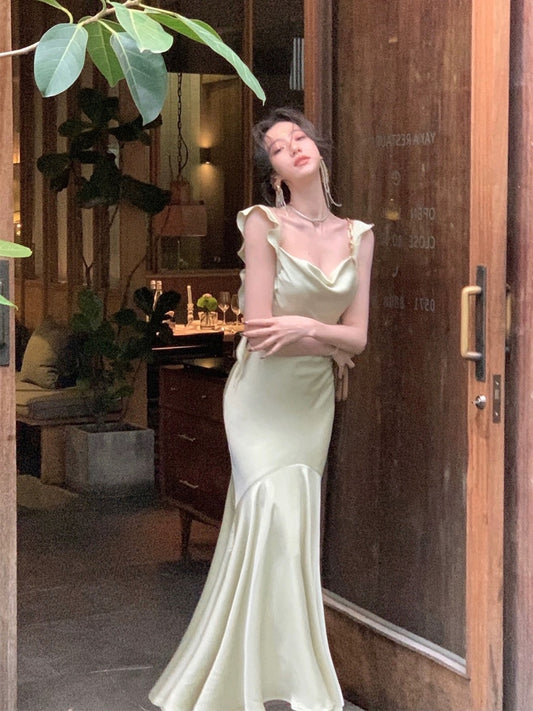 From a moment suspender satin dress women's summer new temperament fairy fishtail pure desire banquet long skirt